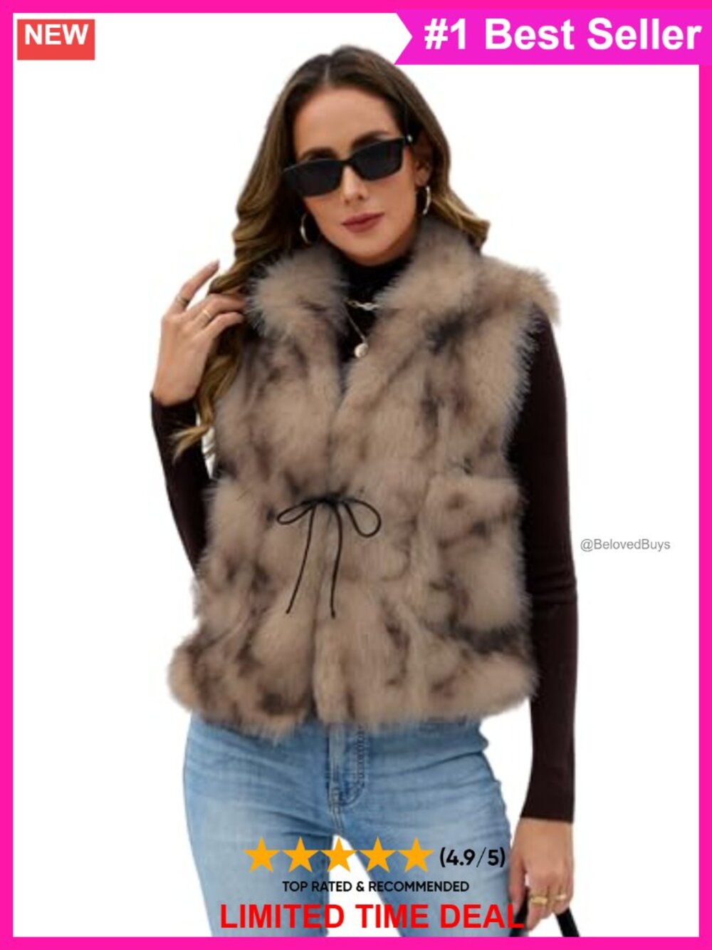 Faux Fur Vest Sleeveless Tie Front Cardigan Fuzzy Jacket